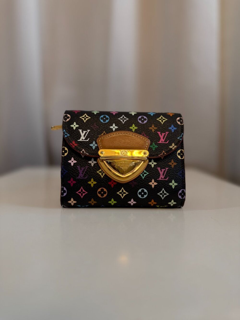 Louis Vuitton Monogram Joey Wallet Black Grenade Multicolor Pink Interior Gold